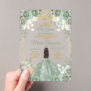 Sage Mis Quince Dusty Green Floral Quinceañera Acrylic Invitations