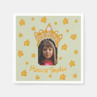 Sage Mist Princess Crown Floral Photo Birthday Napkin