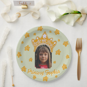 Sage Mist Princess Crown Floral Photo Birthday Paper Plate