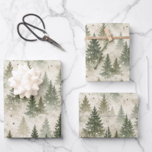 Sage Misty Pine Forest Christmas Wrapping Paper