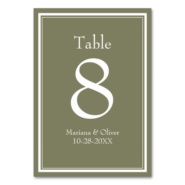 Sage Modern Border Minimalist Wedding Table Number (Front)