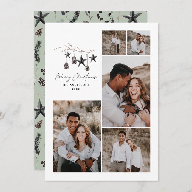 Sage modern elegant script Christmas multi photo Holiday Card (Front/Back)