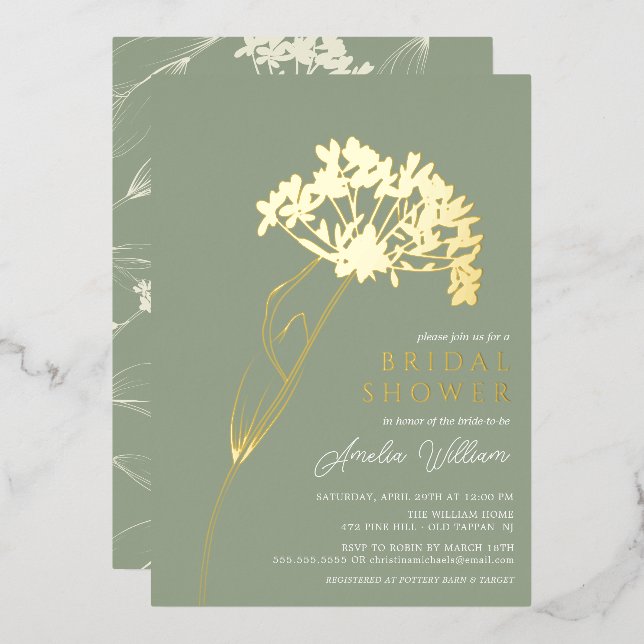 Sage Modern Floral Bridal Shower Foil Invitation (Front/Back)