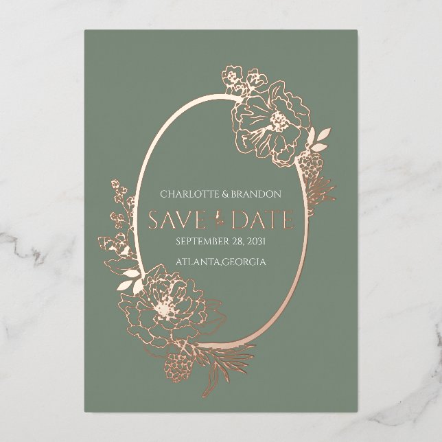 Sage Modern Floral Sketch Oval Save the Date   (Front)