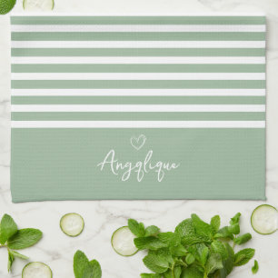 Sage Modern Heart and Stripes Monongram    Tea Towel