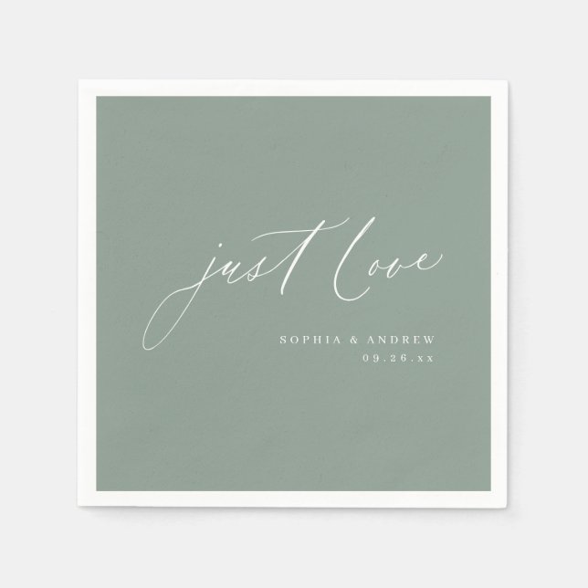Sage modern just love script minimalist wedding napkin (Front)