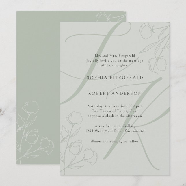 Sage Modern Minimalist Typography Floral Wedding Invitation (Front/Back)