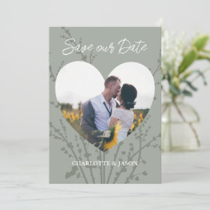 Sage Modern Photo Heart Frame Save The Date Invitation