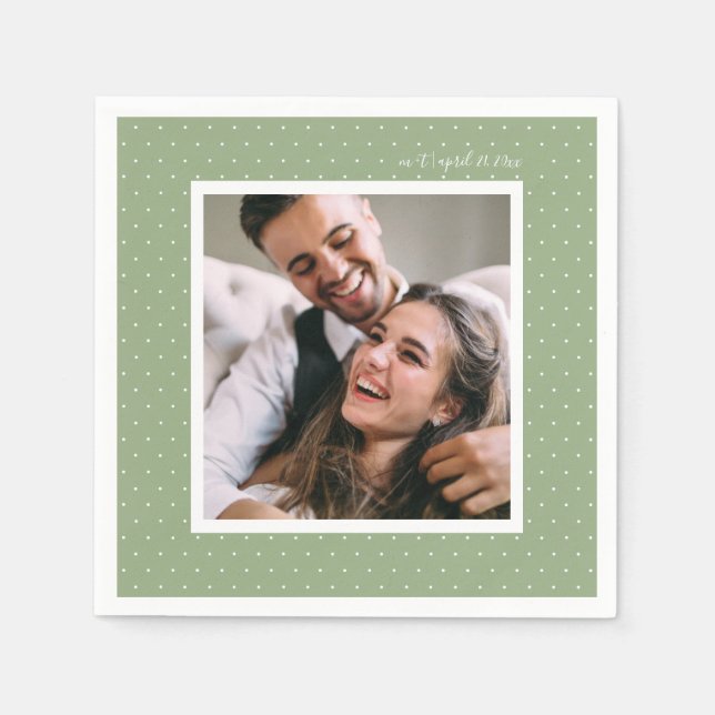 Sage Modern Script and Chic Dots Wedding Photo Napkin (Front)