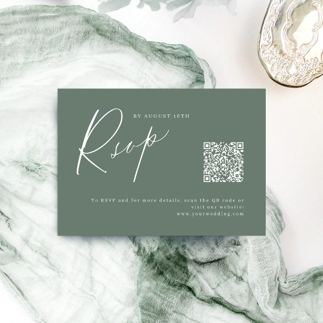 Sage modern script minimalist wedding QR code RSVP Card (Sage modern script minimalist wedding QR code RSVP Card)