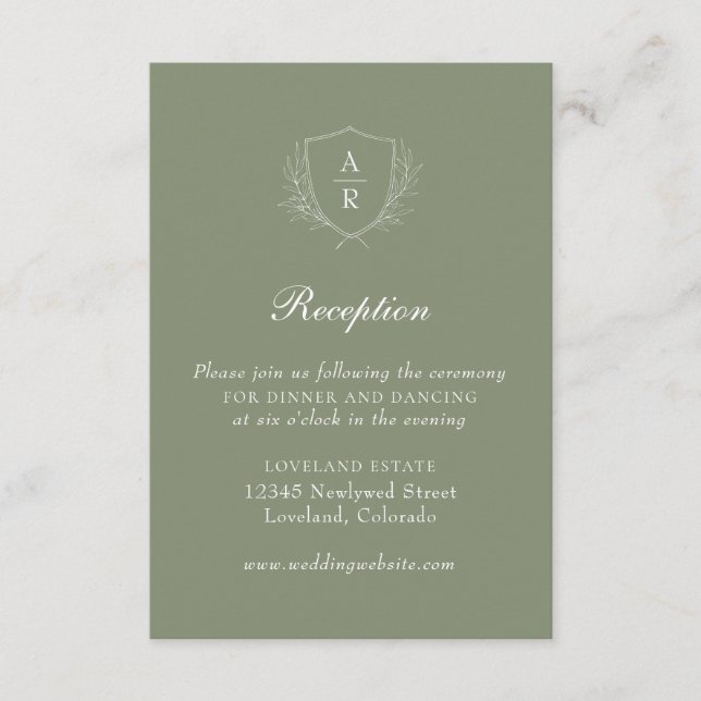 Sage Modern Simple Leaves Crest Wedding Reception Enclosure Card (Front)