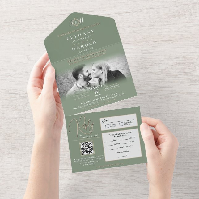 Sage Monogram All in One Wedding Invite (Tearaway)