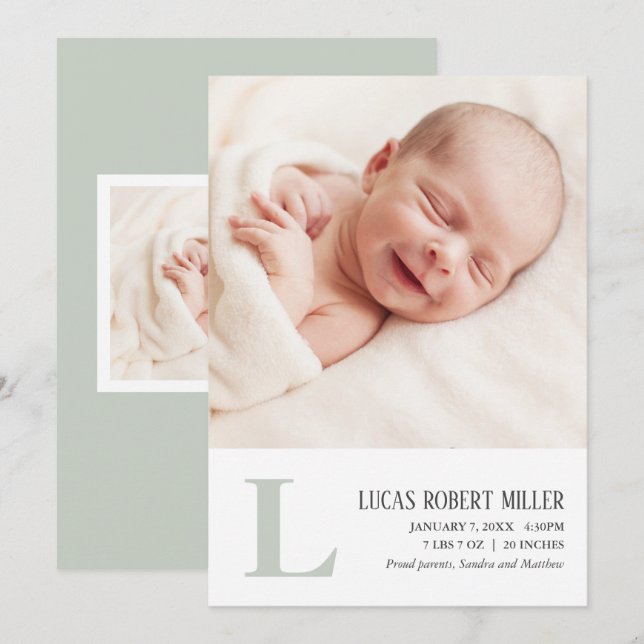 Sage Monogram Baby Birth Announcement Photo Card (Front/Back)