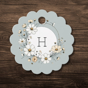 Sage Monogram Boho Flowers Personalised Scalloped Favour Tags