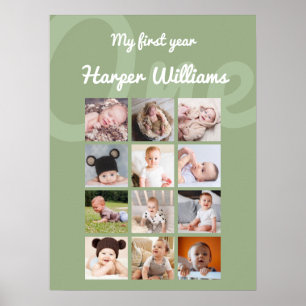 Sage Monthly Photo Baby 1st Birthday Poster