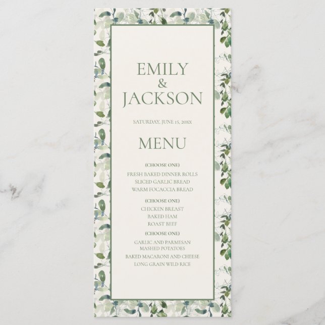 Sage Moss Green Leaves Cream Wedding Menu (Front)