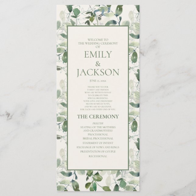 Sage Moss Green Leaves Cream Wedding Program Programme (Front)