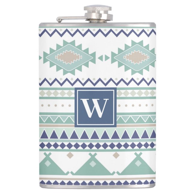 Sage & Navy Blue Native American Pattern Hip Flask (Front)