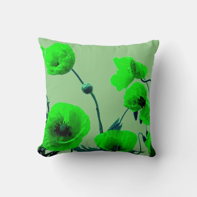 Sage Neon Green Floral Watercolor Poppy Flowers Cushion (Front)