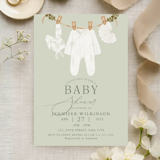 Sage Neutral Boho Clothes Line Baby Shower Invitation (Sage Neutral Boho Clothes Line Baby Shower Invitation)