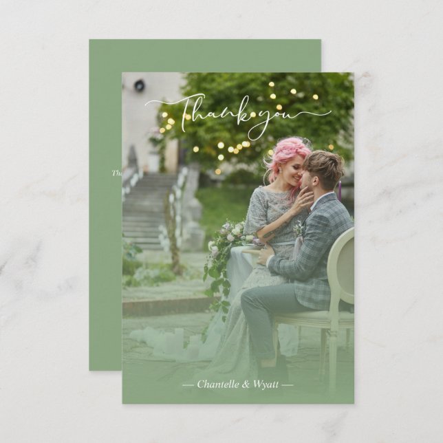 Sage Newlyweds Photo Simple Calligraphy Script Thank You Card (Front/Back)