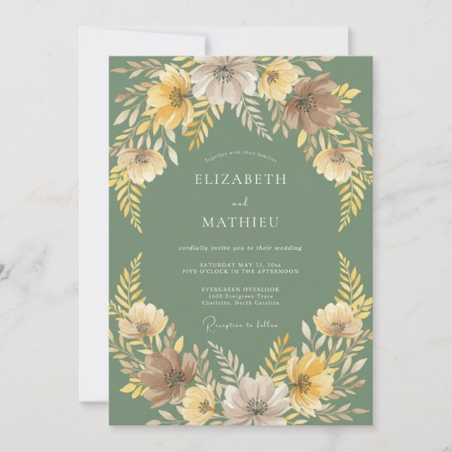 Sage Ochre Leafy Wedding Invitation (Front)
