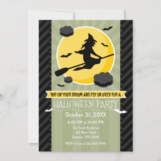 Sage Olive Black Grey Witch Halloween Invitation (Front)