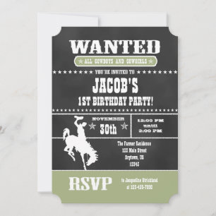 Sage Olive Chalkboard Cowboy Birthday Invitation