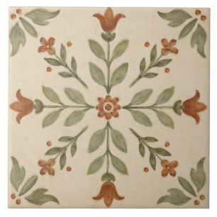 Sage Olive Folk Art Floral Cross Motif Tile