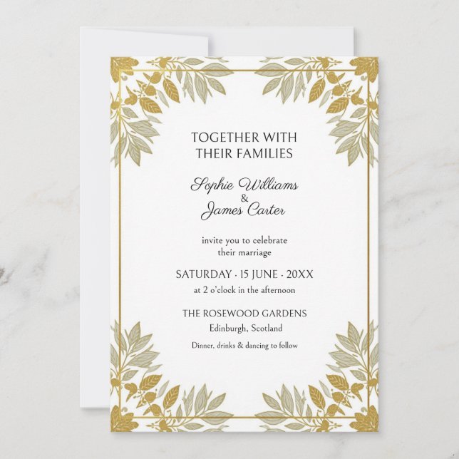 Sage Olive Gold Leaf Wedding Invitation (Front)