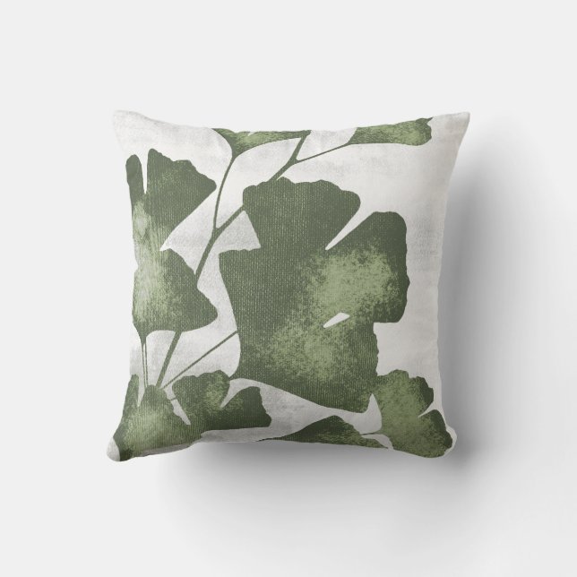 Sage Olive Green Botanical Ginkgo Biloba Leaves Cushion (Back)
