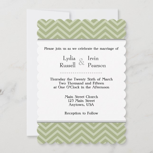 Sage Olive Green Chevron Wedding Invitation (Front)