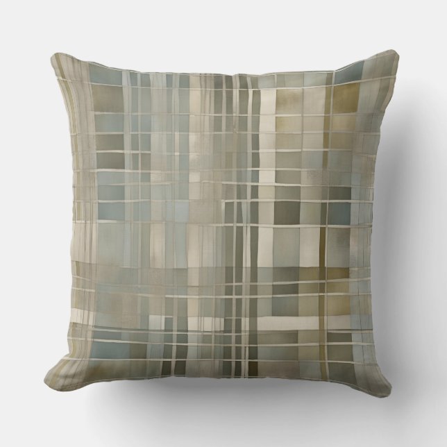 Sage Olive Green Dusty Blue Farmhouse Plaid Cushion (Front)