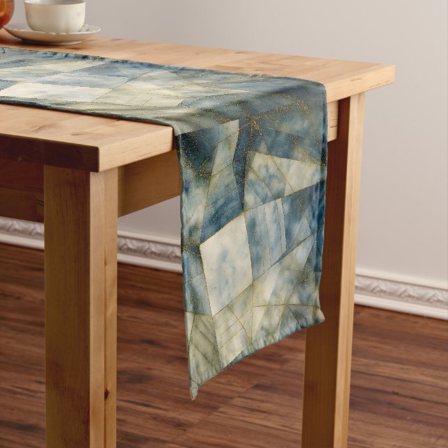 Sage Olive Green Gold Geometric Abstract Natural Short Table Runner (In Situ)