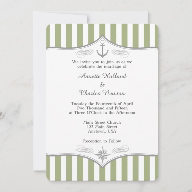 Sage Olive Green Grey Nautical Wedding Invitation (Front)