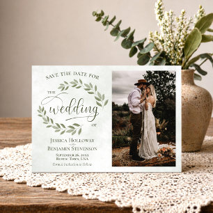 Sage & Olive Green Leaves & Photo Rustic Wedding Save The Date