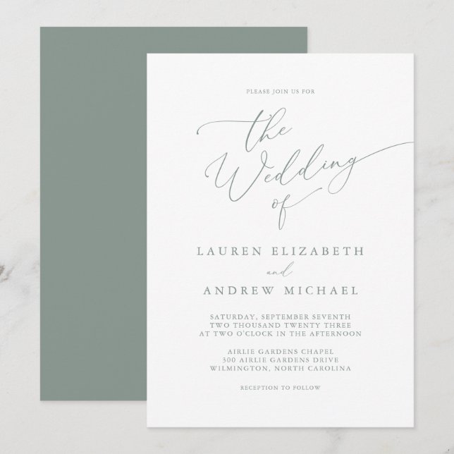 Sage Olive Green Minimalist Wedding Invitation (Front/Back)
