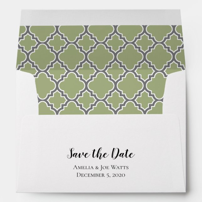 Sage Olive Green Quatrefoil Save The Date Envelope (Back (Bottom))