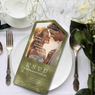 Sage Olive Green Shimmer Lines Photo QR Code All In One Invitation