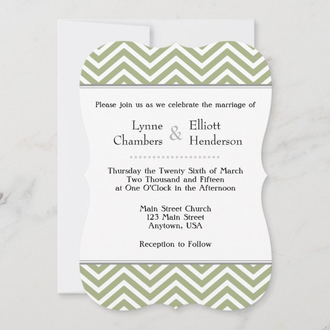 Sage Olive Green White Chevron Wedding Invitation (Front)