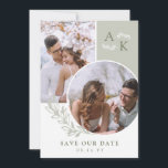 Sage & Olive Greenery Overlapping Photos Save The Date<br><div class="desc">Double sided save the date card in white,  sage green,  and olive green with your initials,  overlapping photos,  and greenery with clean elegant fonts. Photo save the date card with a modern design personalised with your monogram and photos,  two on one side and one on the other.</div>