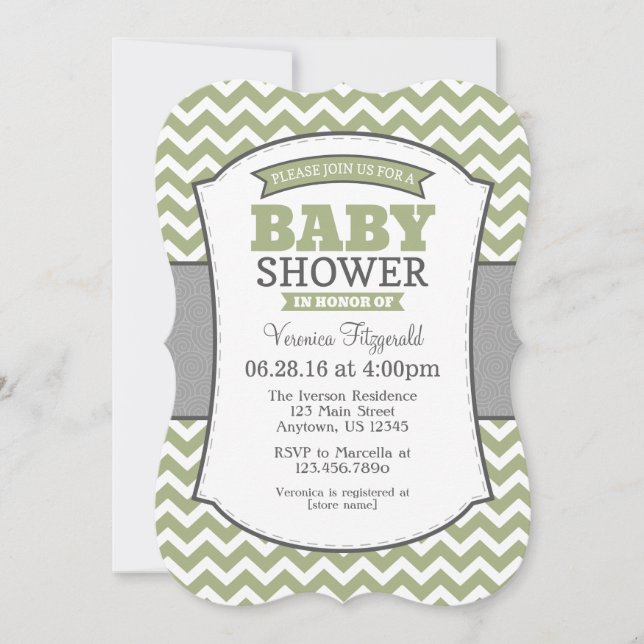 Sage Olive Grey Chevron Baby Shower Invitation (Front)
