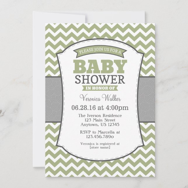 Sage Olive Grey Chevron Baby Shower Invitation (Front)