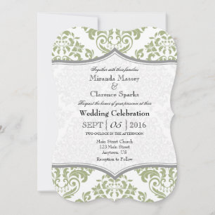 Sage Olive Grey Damask Bracket Wedding Invite