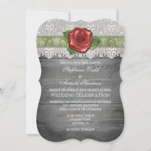 Sage Olive Grey Rustic Wood Rose Wedding Invite