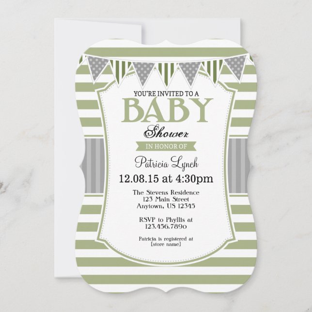 Sage Olive Grey Stripes Baby Shower Invitation (Front)