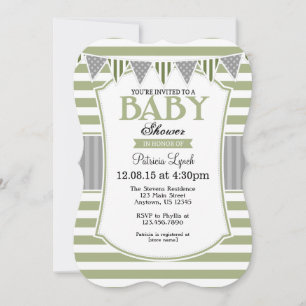 Sage Olive Grey Stripes Baby Shower Invitation
