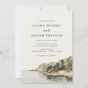 Sage Olive Pine Script Mallorca Coast Wedding Invitation