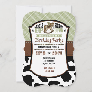 Sage Olive Plaid Cowhide Cowboy Birthday Invite