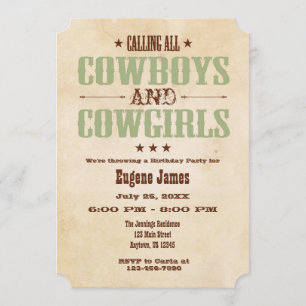 Sage Olive Vintage Cowboy Birthday Invitation